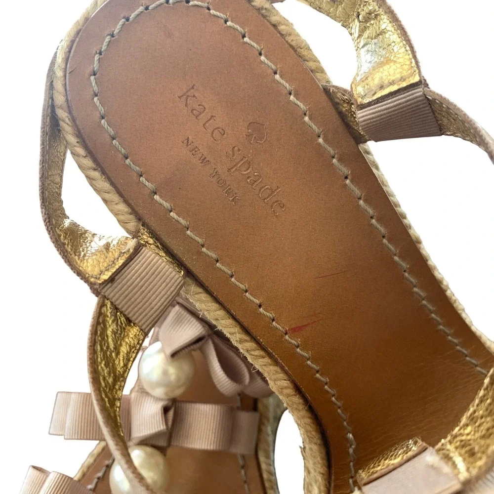 Kate Spade Espadrille Wedge Sandals Ribbon Bow Pearl Detail Feminine Size 8.5